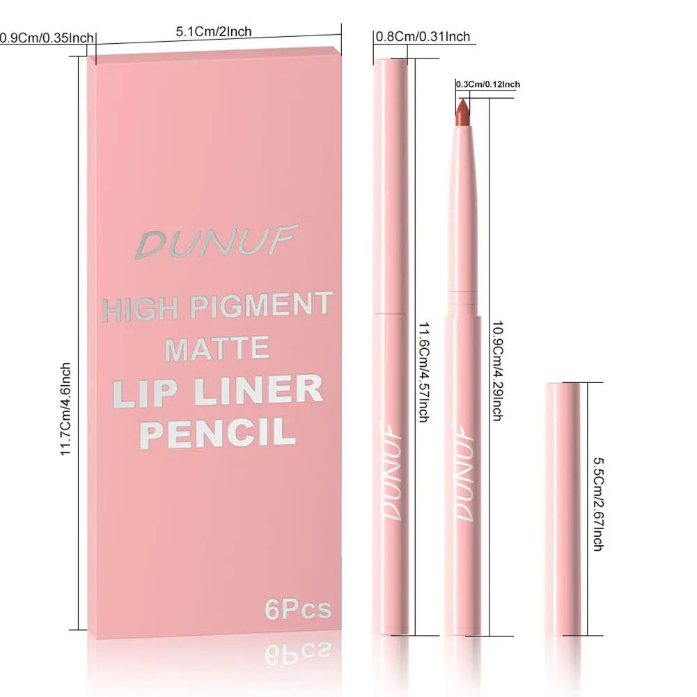 DUNUF 6pcs Lip Liner Pen Set Long-Lasting, Waterproof Sweatproof, Easy Coloring Non-fading Color Rendering Lip Gloss Set Beauty