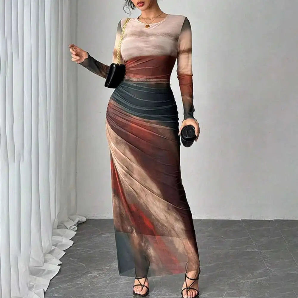 Women's Dresses Autumn French Simple Contrast Color Long Sleeve Round-Neck Maxi Wrap Fashion Dresses Long Dress Tops BQ7W