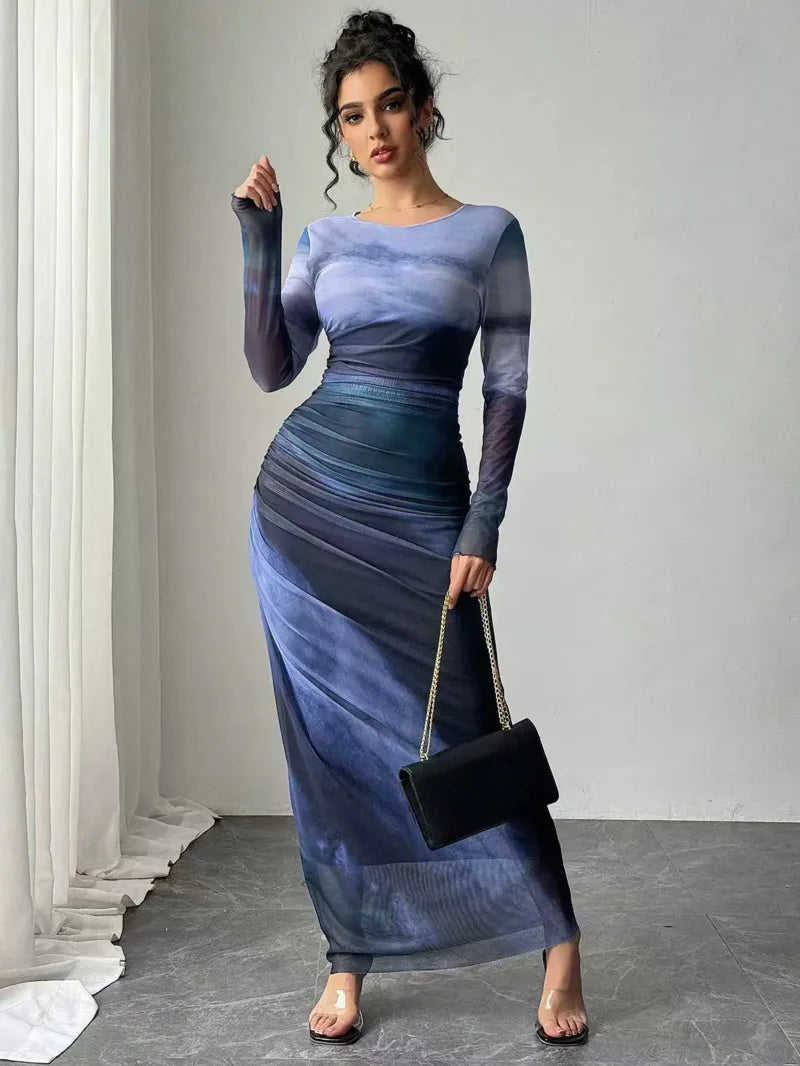 Women's Dresses Autumn French Simple Contrast Color Long Sleeve Round-Neck Maxi Wrap Fashion Dresses Long Dress Tops BQ7W