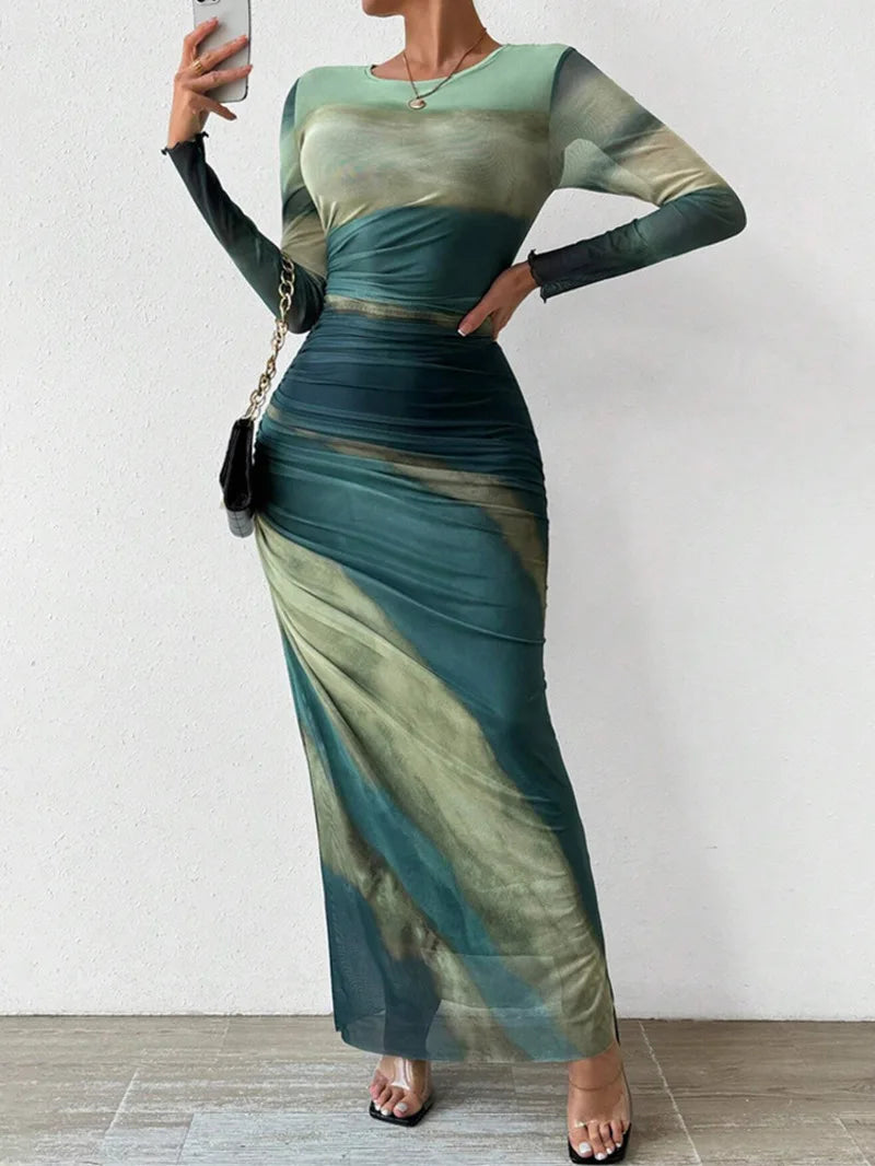 Women's Dresses Autumn French Simple Contrast Color Long Sleeve Round-Neck Maxi Wrap Fashion Dresses Long Dress Tops BQ7W