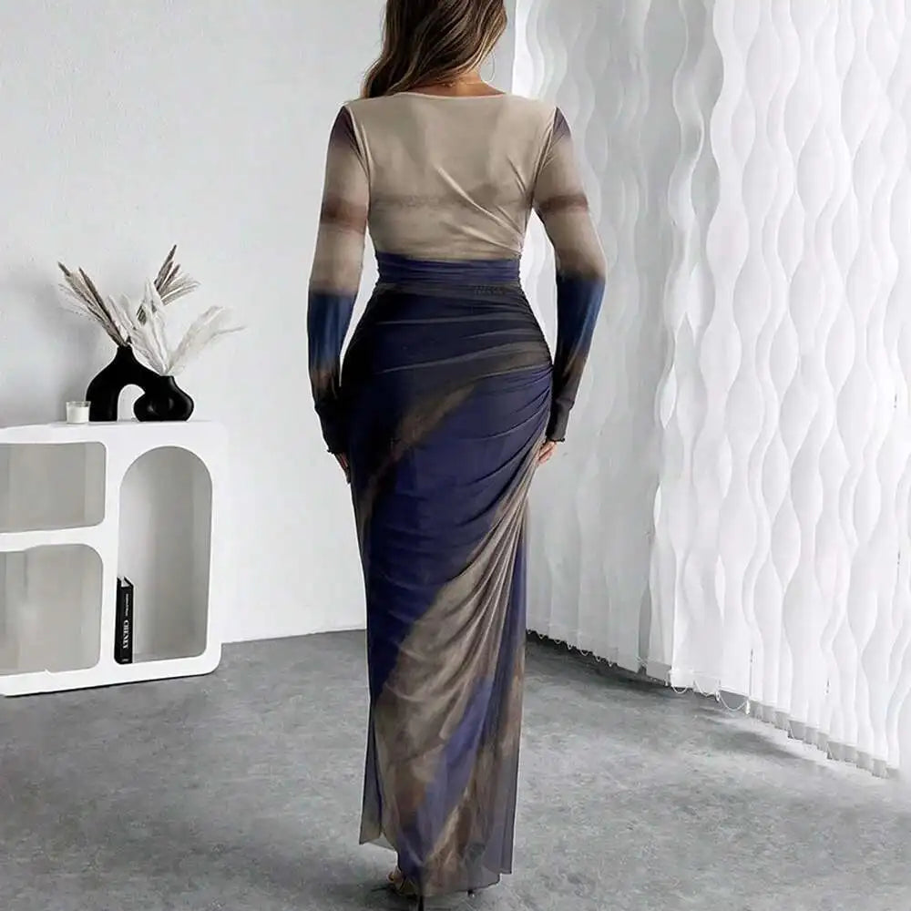Women's Dresses Autumn French Simple Contrast Color Long Sleeve Round-Neck Maxi Wrap Fashion Dresses Long Dress Tops BQ7W