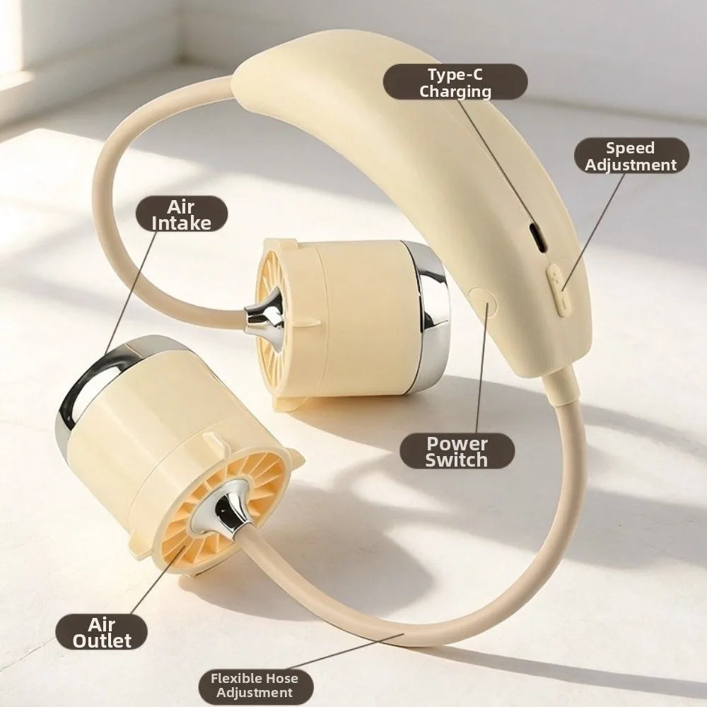 Low Noise Hanging Neck Fan 360° Bendable Lightweight Neck Electric Fan USB Rechargeable Foldable Around Neck Cooler