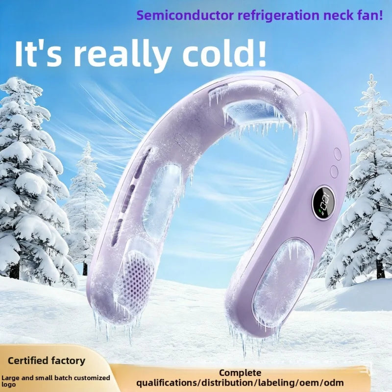 Neck fan with strong battery life, portable and suitable for outdoor use, with semiconductor cooling
