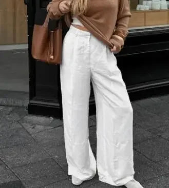 Trousers 2025 Spring/Summer Fashion High Waist Wide Leg Pants Loose Pocket Cotton and Hemp Casual Pants, Women's White Pants