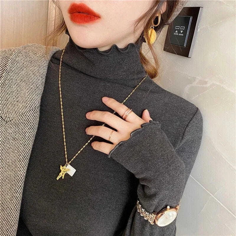 Woman T- Shirts Femmale Turtleneck Long-Sleeved T-Shirt Autumn Winter Ruffled  Mujer Camisetas Half High Collar Plus Fleece Tops