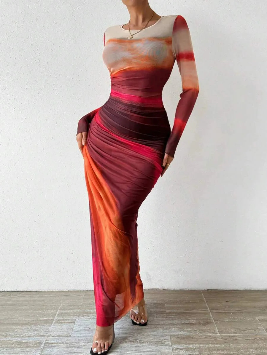 Women's Dresses Autumn French Simple Contrast Color Long Sleeve Round-Neck Maxi Wrap Fashion Dresses Long Dress Tops BQ7W