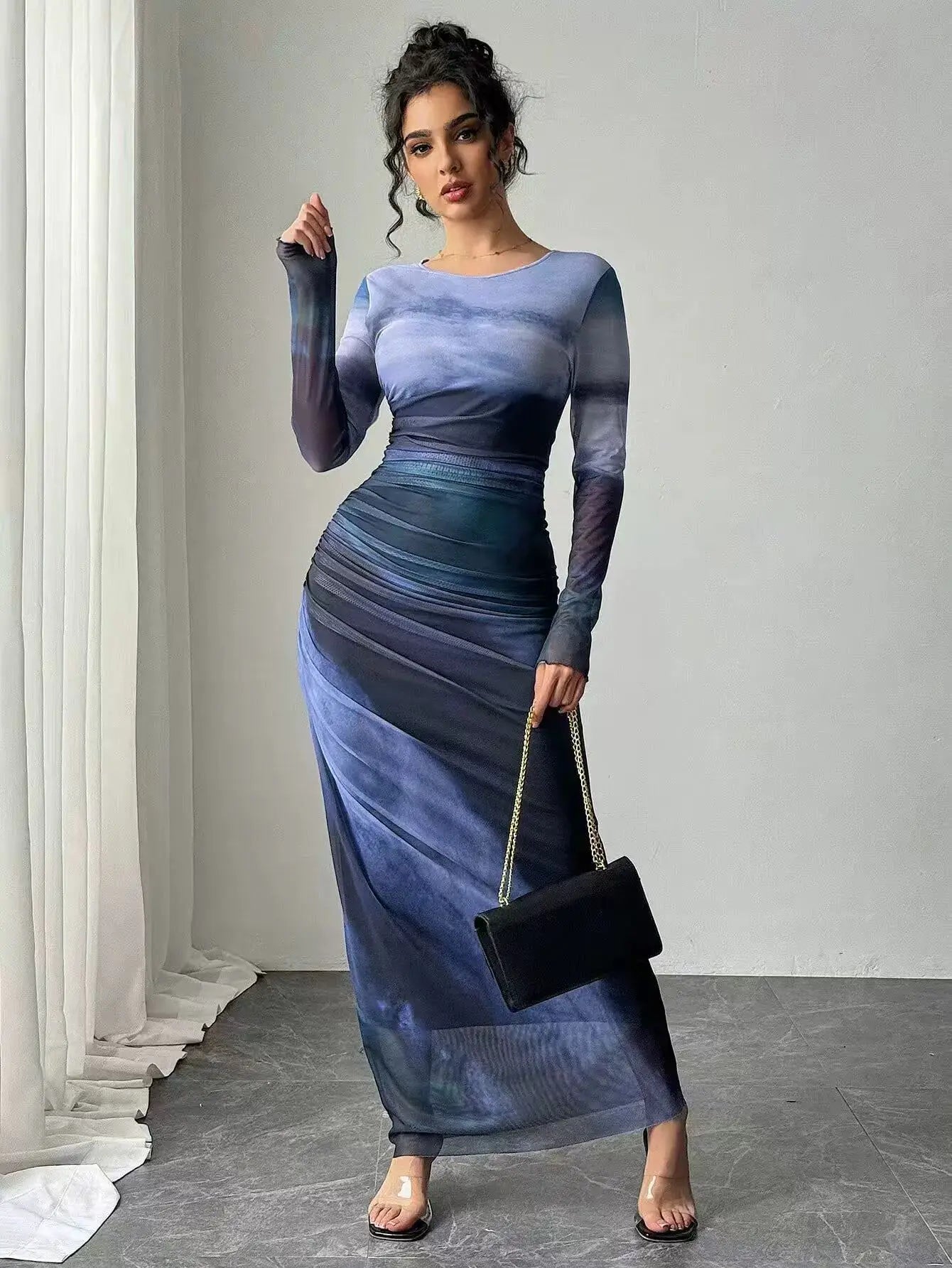 Women's Dresses Autumn French Simple Contrast Color Long Sleeve Round-Neck Maxi Wrap Fashion Dresses Long Dress Tops BQ7W