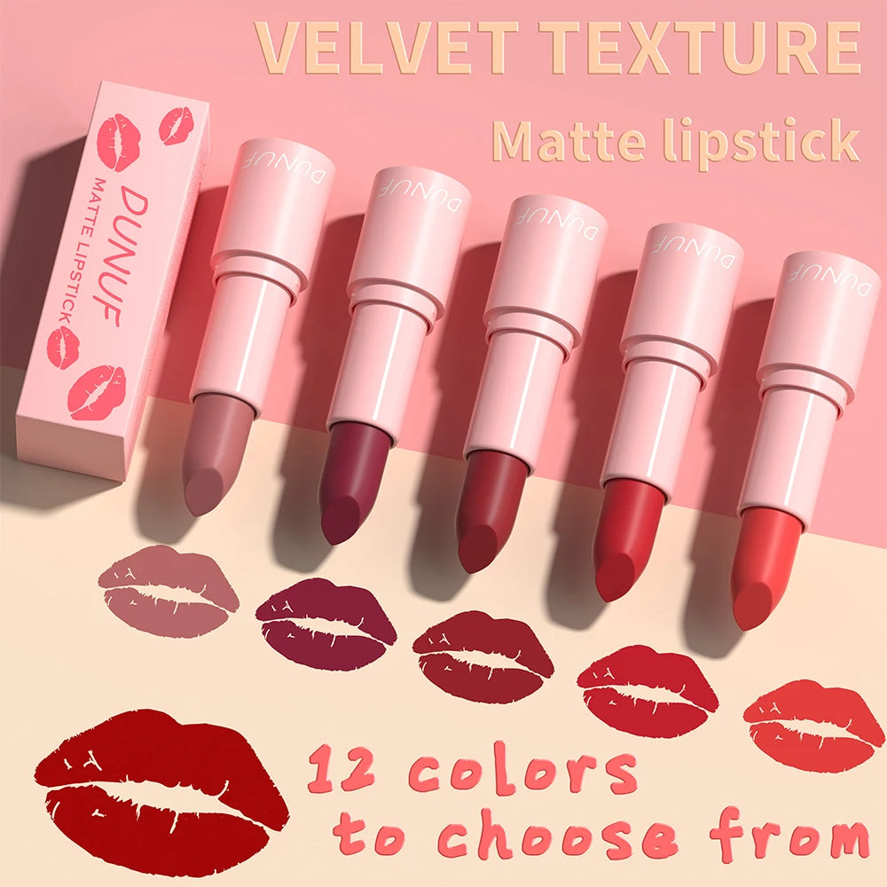 DUNUF 1 Pcs Matte Powder lipstick, Lasting 24 Hours Non-fading Waterproof Non-stick Easy to Color Lip Gloss Makeup Gift