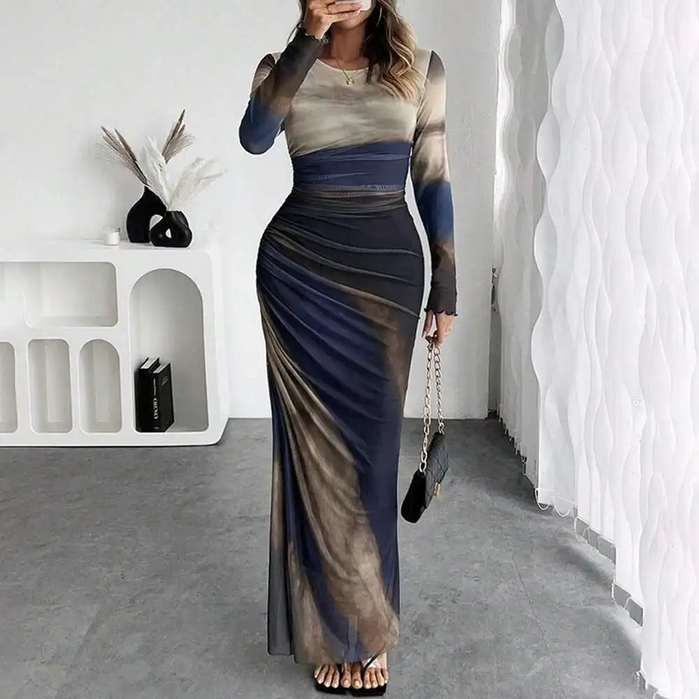 Women's Dresses Autumn French Simple Contrast Color Long Sleeve Round-Neck Maxi Wrap Fashion Dresses Long Dress Tops BQ7W