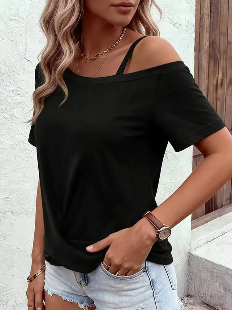 Women's T-Shirt Spring Summer Black One Shoulder Short Sleeve Twisted Hem Loose Sleek Stylish Daily Casual Fashion Top