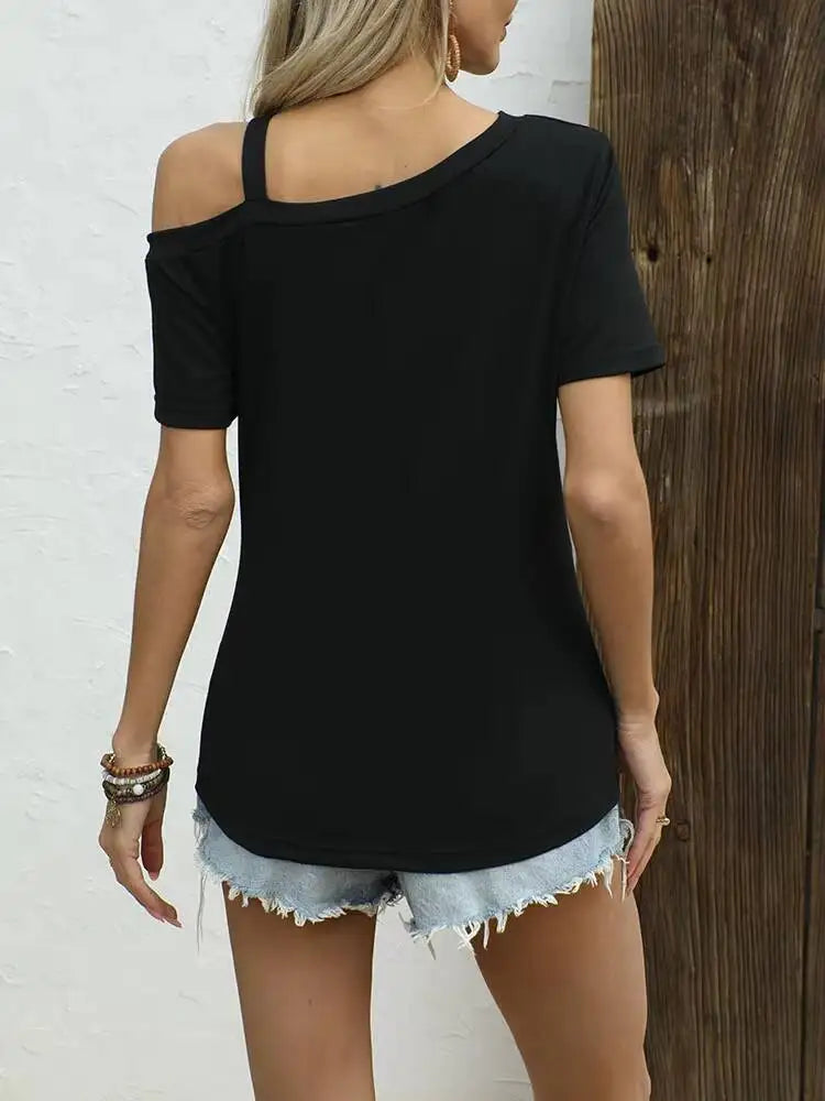 Women's T-Shirt Spring Summer Black One Shoulder Short Sleeve Twisted Hem Loose Sleek Stylish Daily Casual Fashion Top