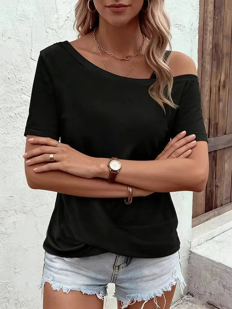 Women's T-Shirt Spring Summer Black One Shoulder Short Sleeve Twisted Hem Loose Sleek Stylish Daily Casual Fashion Top