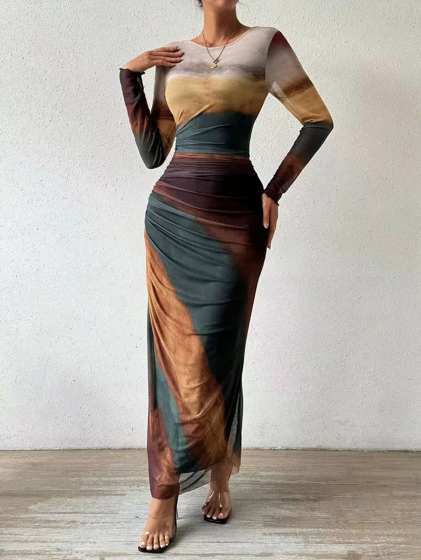 Women's Dresses Autumn French Simple Contrast Color Long Sleeve Round-Neck Maxi Wrap Fashion Dresses Long Dress Tops BQ7W
