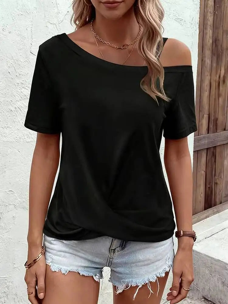 Women's T-Shirt Spring Summer Black One Shoulder Short Sleeve Twisted Hem Loose Sleek Stylish Daily Casual Fashion Top