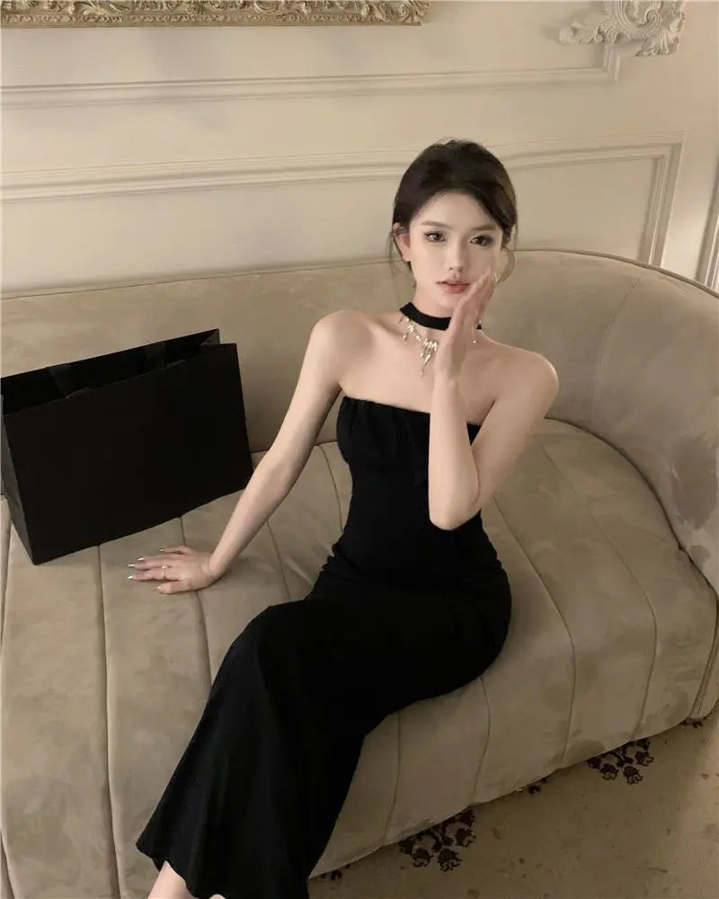 Birthday Dress For Women Vestidos De Mujer Summer French Backless One Shoulder Women's Spring Black Bow Sleeveless