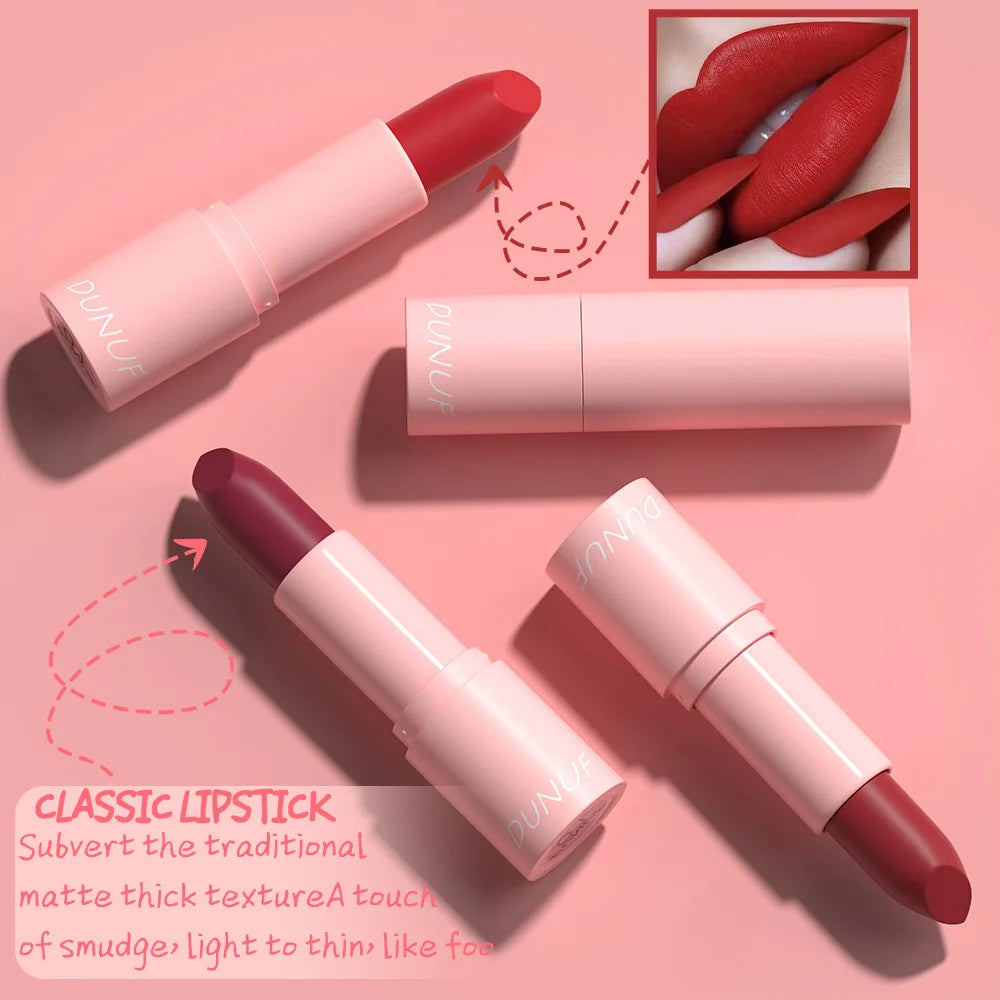 DUNUF 1 Pcs Matte Powder lipstick, Lasting 24 Hours Non-fading Waterproof Non-stick Easy to Color Lip Gloss Makeup Gift