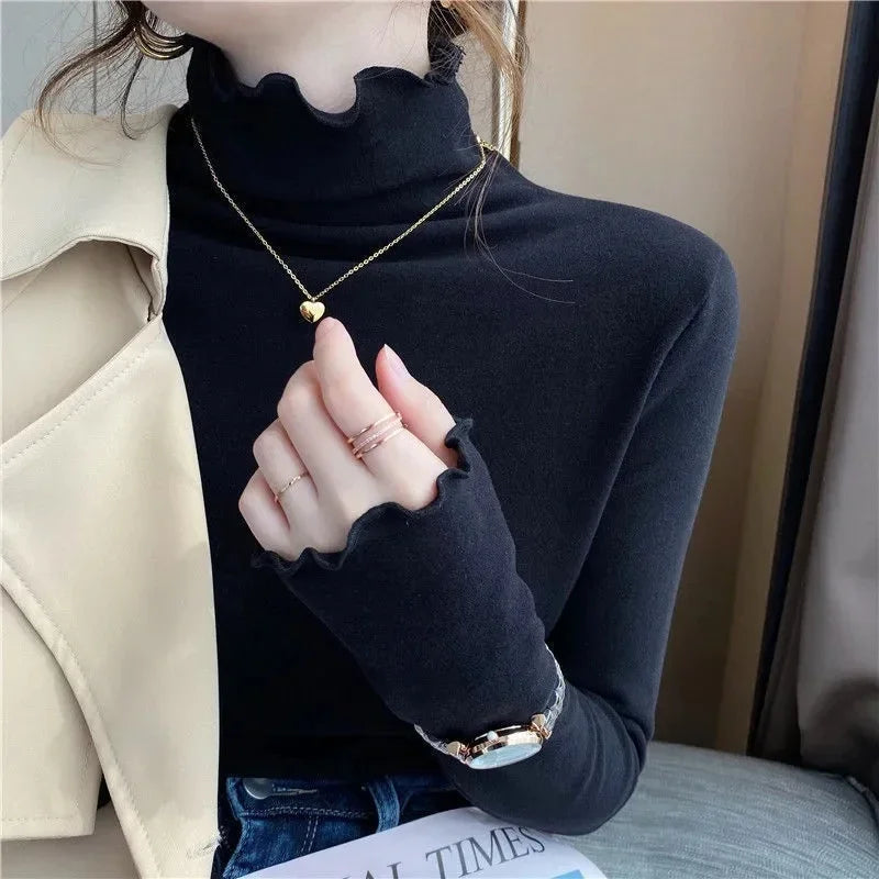Woman T- Shirts Femmale Turtleneck Long-Sleeved T-Shirt Autumn Winter Ruffled  Mujer Camisetas Half High Collar Plus Fleece Tops