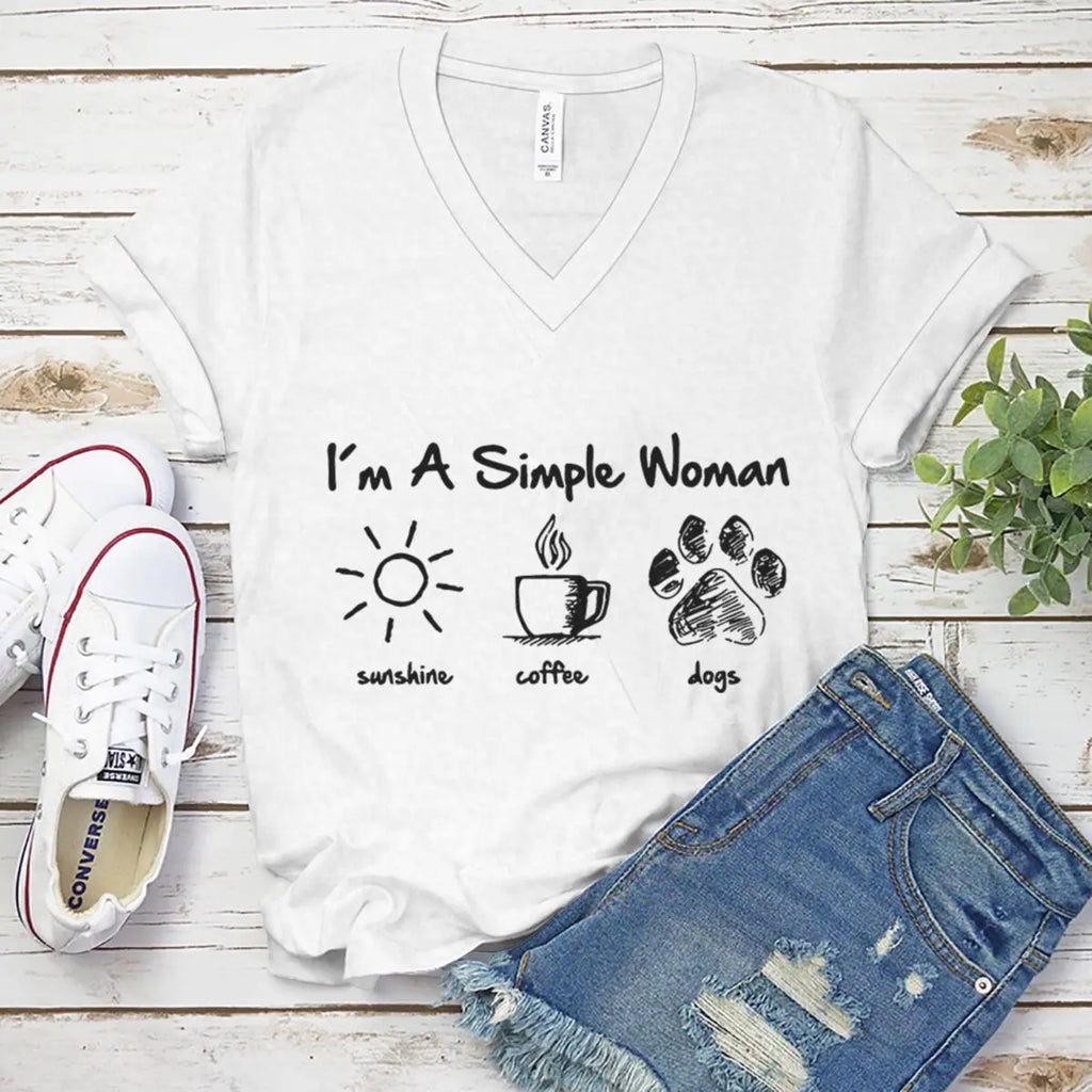 Woman T-shirts I Am A Simple Woman with Letters Sunshine Coffee Dog Pattern T-shirt Fun Cute Retro Design V-neck T-shirts