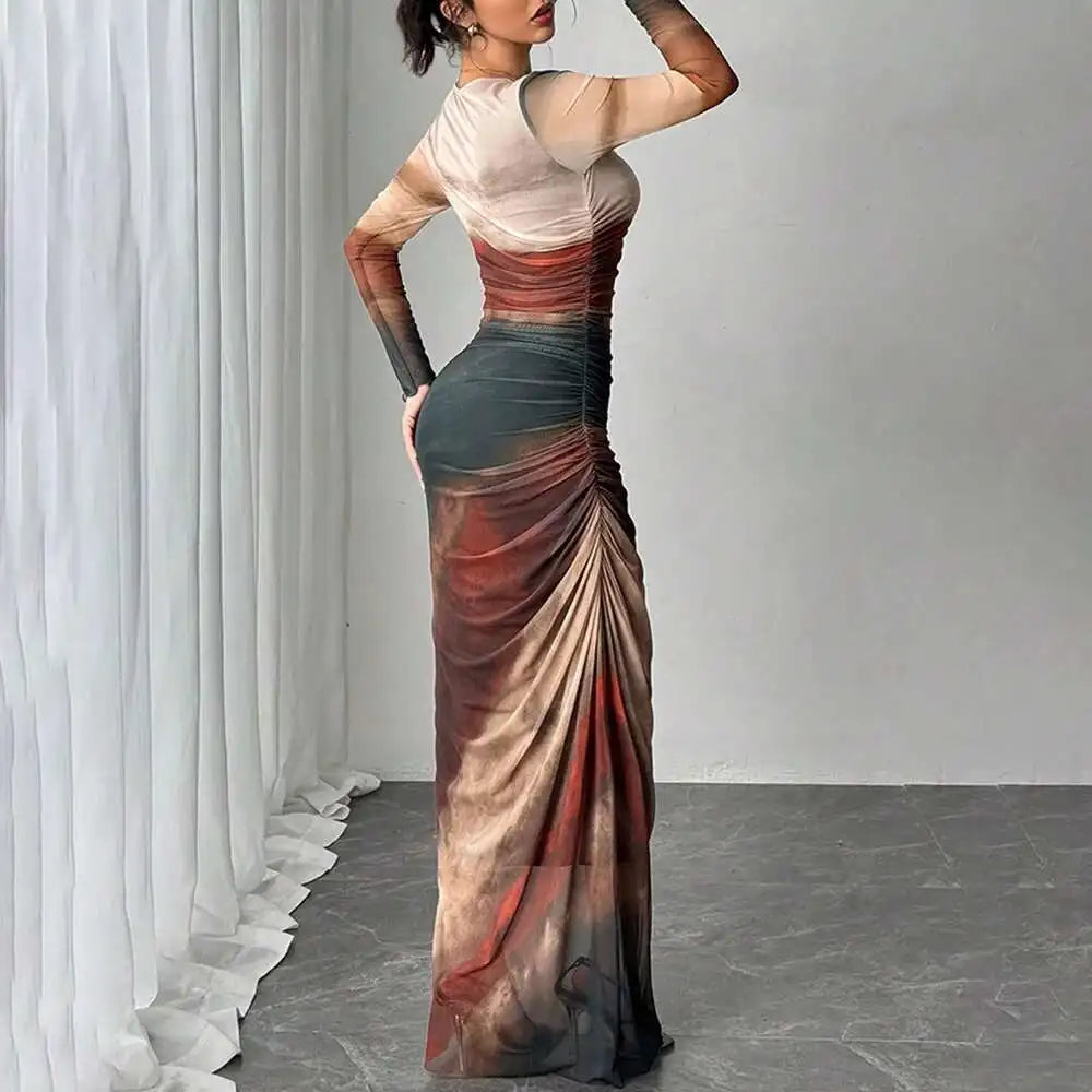 Women's Dresses Autumn French Simple Contrast Color Long Sleeve Round-Neck Maxi Wrap Fashion Dresses Long Dress Tops BQ7W