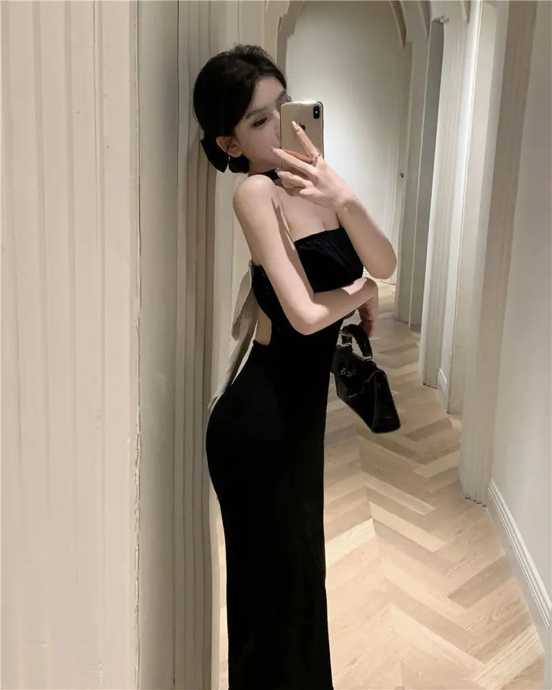 Birthday Dress For Women Vestidos De Mujer Summer French Backless One Shoulder Women's Spring Black Bow Sleeveless