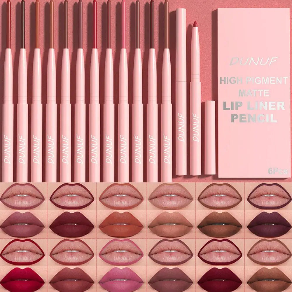 DUNUF 6pcs Lip Liner Pen Set Long-Lasting, Waterproof Sweatproof, Easy Coloring Non-fading Color Rendering Lip Gloss Set Beauty