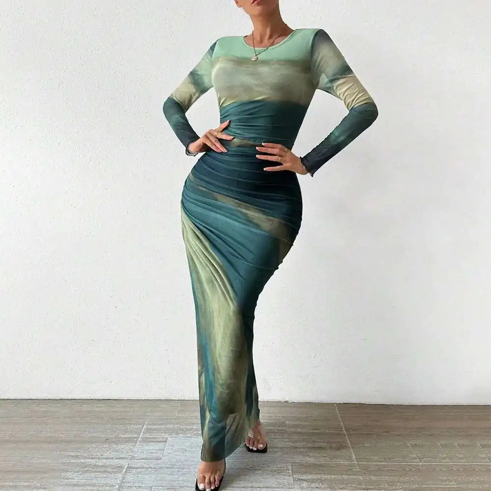 Women's Dresses Autumn French Simple Contrast Color Long Sleeve Round-Neck Maxi Wrap Fashion Dresses Long Dress Tops BQ7W