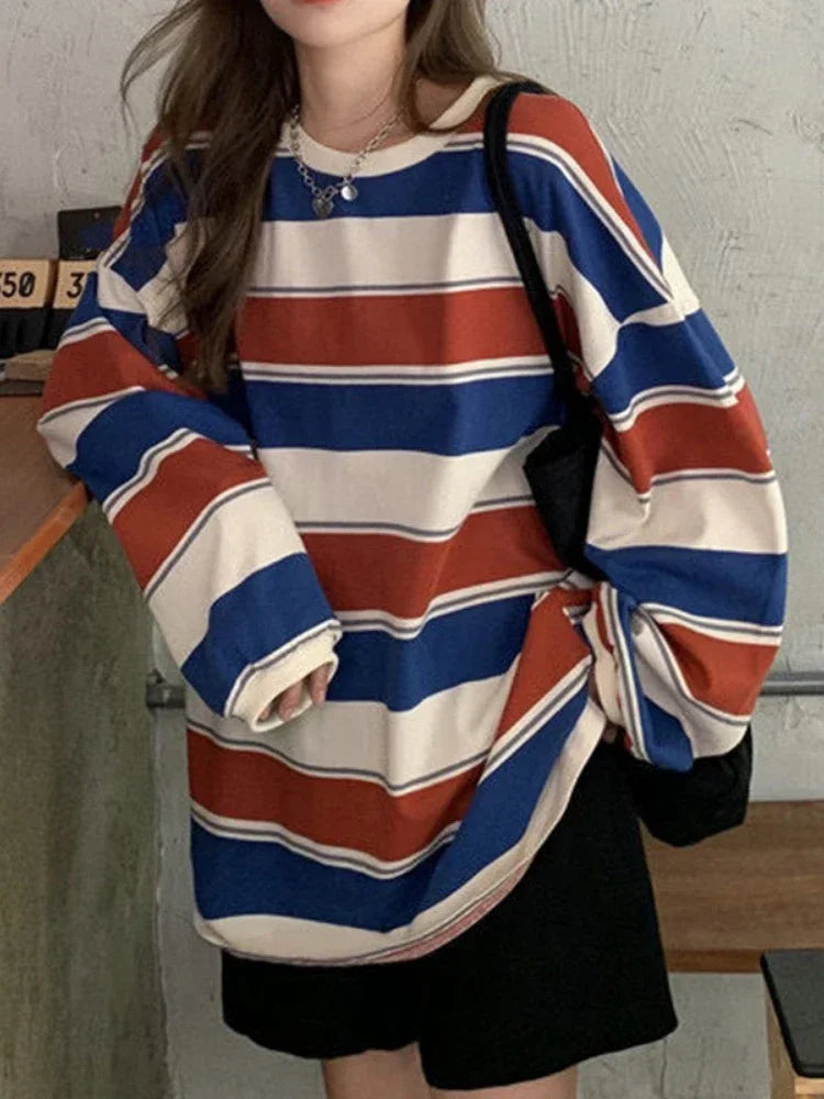Women T shirts Woman clothing Y2k Sweatshirt 2026 four seasons Fashion Long Sleeves Tee Loose Couple Graphic stripe T-shirt tops