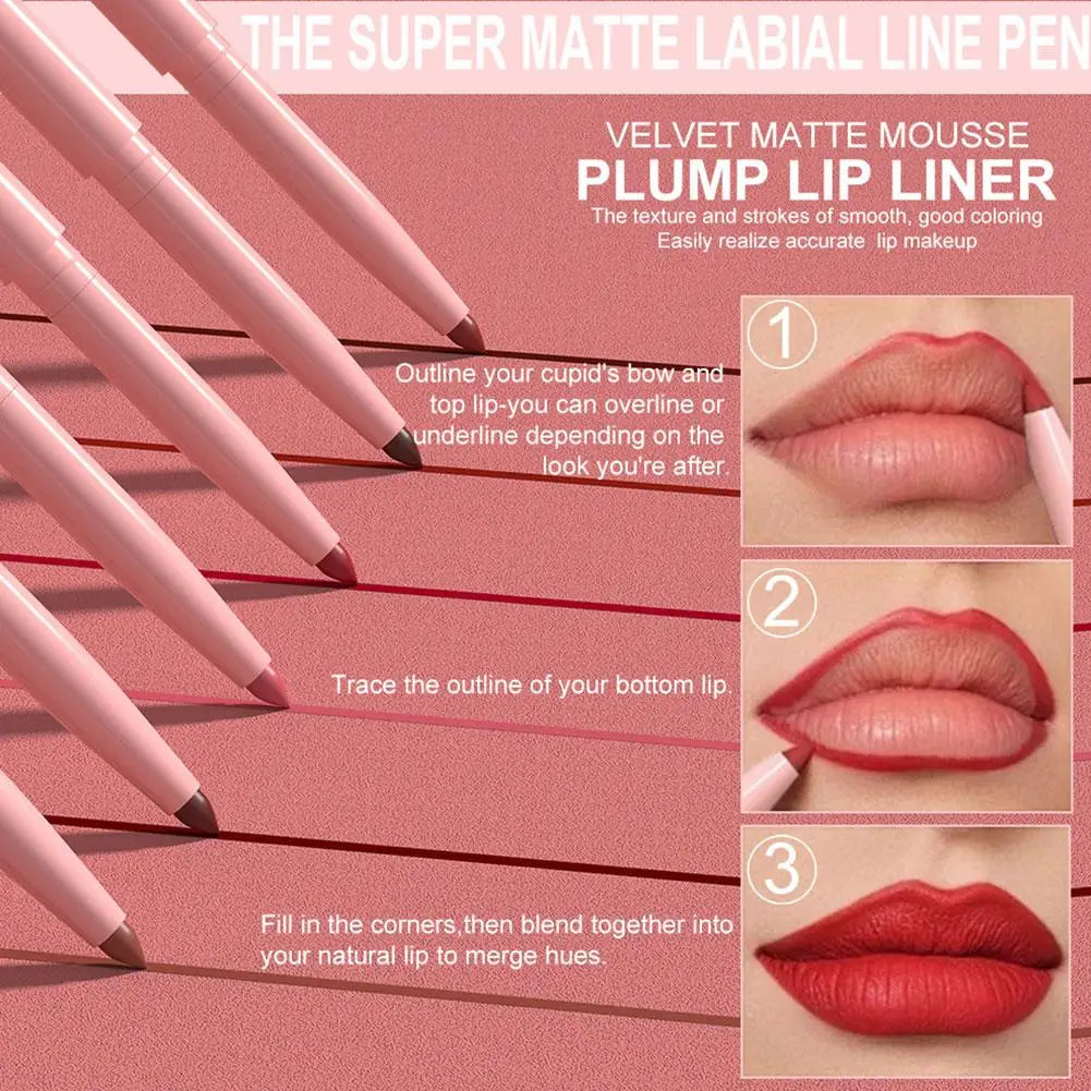 DUNUF 6pcs Lip Liner Pen Set Long-Lasting, Waterproof Sweatproof, Easy Coloring Non-fading Color Rendering Lip Gloss Set Beauty