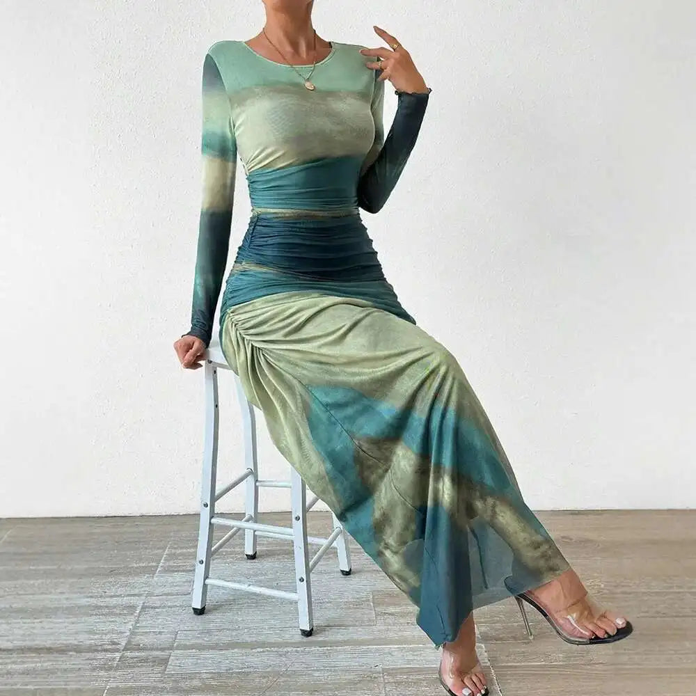 Women's Dresses Autumn French Simple Contrast Color Long Sleeve Round-Neck Maxi Wrap Fashion Dresses Long Dress Tops BQ7W