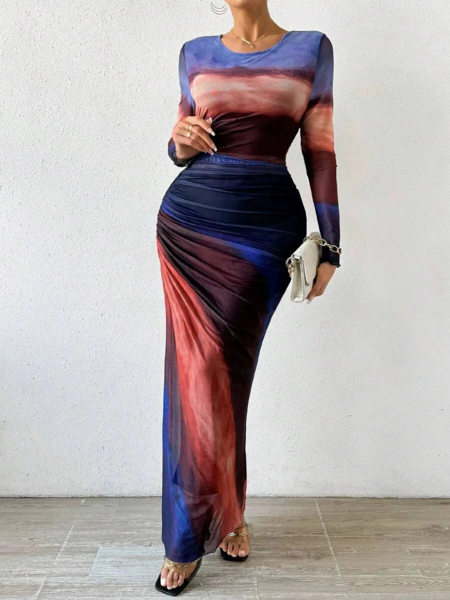 Women's Dresses Autumn French Simple Contrast Color Long Sleeve Round-Neck Maxi Wrap Fashion Dresses Long Dress Tops BQ7W