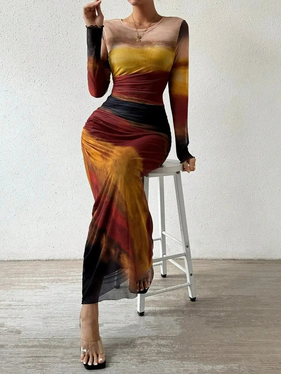 Women's Dresses Autumn French Simple Contrast Color Long Sleeve Round-Neck Maxi Wrap Fashion Dresses Long Dress Tops BQ7W