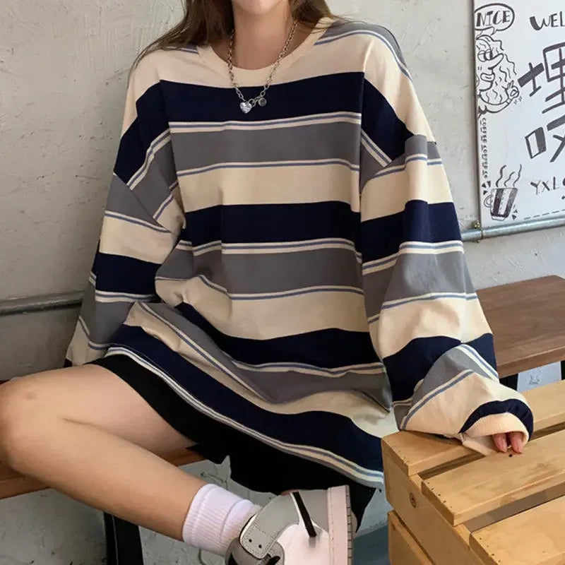 Women T shirts Woman clothing Y2k Sweatshirt 2026 four seasons Fashion Long Sleeves Tee Loose Couple Graphic stripe T-shirt tops