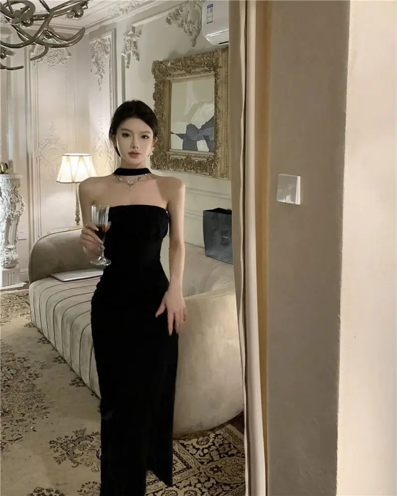 Birthday Dress For Women Vestidos De Mujer Summer French Backless One Shoulder Women's Spring Black Bow Sleeveless