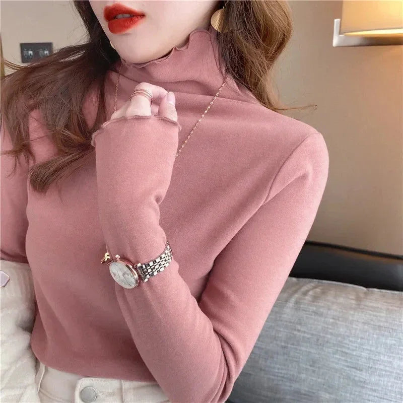 Woman T- Shirts Femmale Turtleneck Long-Sleeved T-Shirt Autumn Winter Ruffled  Mujer Camisetas Half High Collar Plus Fleece Tops