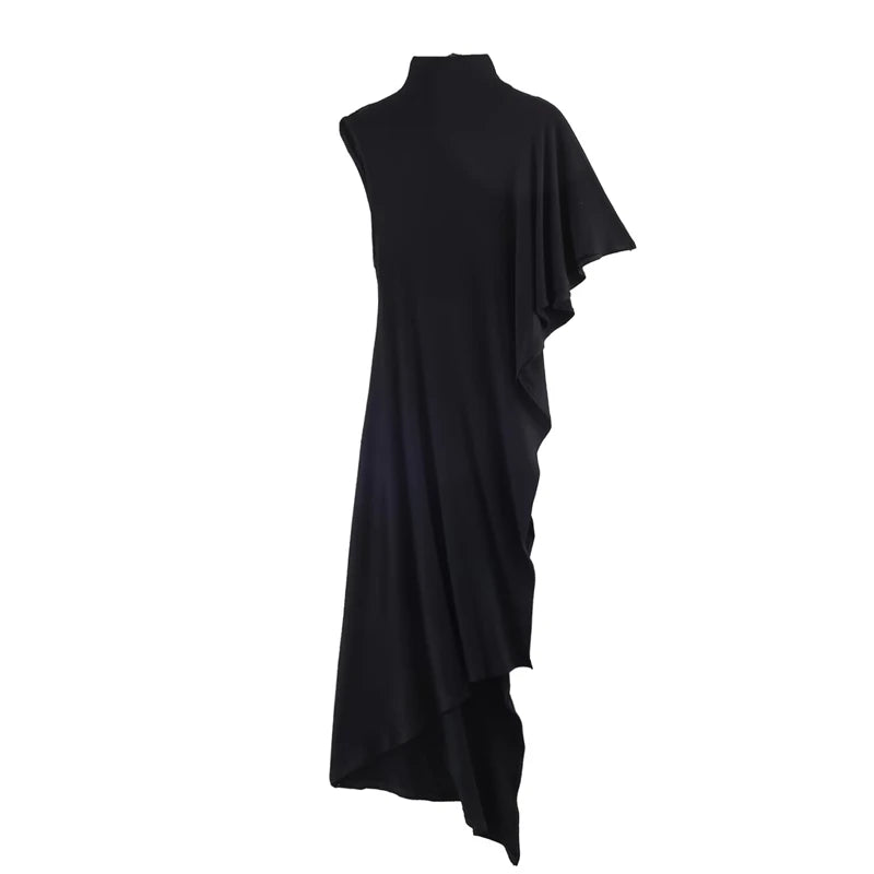 Women's Dress 2026 New Fashion Spring Summer Black Asymmetric Ruffle Dress for Women Casual Chic Personality Top