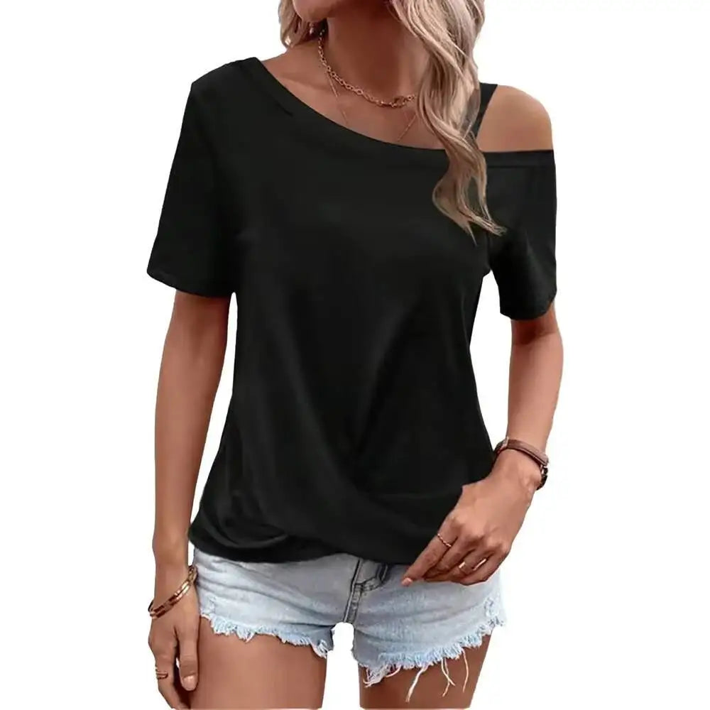 Women's T-Shirt Spring Summer Black One Shoulder Short Sleeve Twisted Hem Loose Sleek Stylish Daily Casual Fashion Top