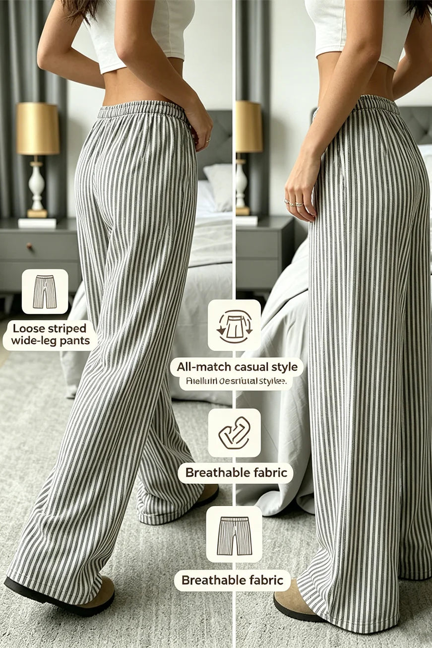 Striped trousers loose straight casual pants new Joker home pants women's four-season pants can be worn outside.