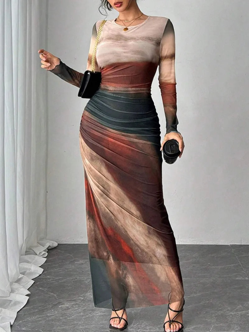 Women's Dresses Autumn French Simple Contrast Color Long Sleeve Round-Neck Maxi Wrap Fashion Dresses Long Dress Tops BQ7W
