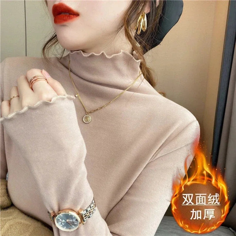 Woman T- Shirts Femmale Turtleneck Long-Sleeved T-Shirt Autumn Winter Ruffled  Mujer Camisetas Half High Collar Plus Fleece Tops