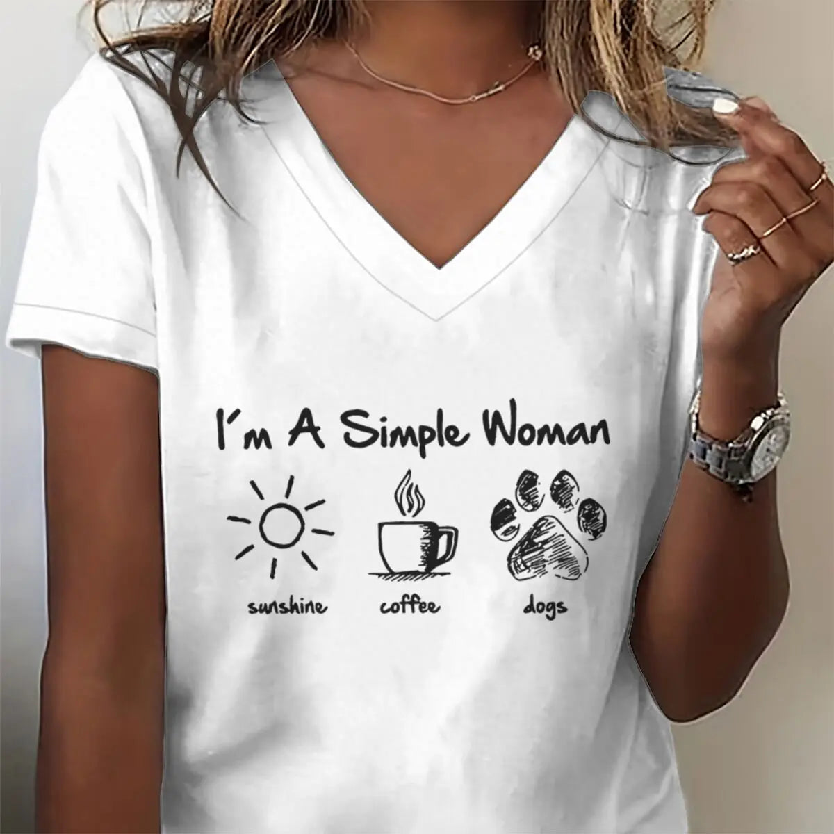 Woman T-shirts I Am A Simple Woman with Letters Sunshine Coffee Dog Pattern T-shirt Fun Cute Retro Design V-neck T-shirts
