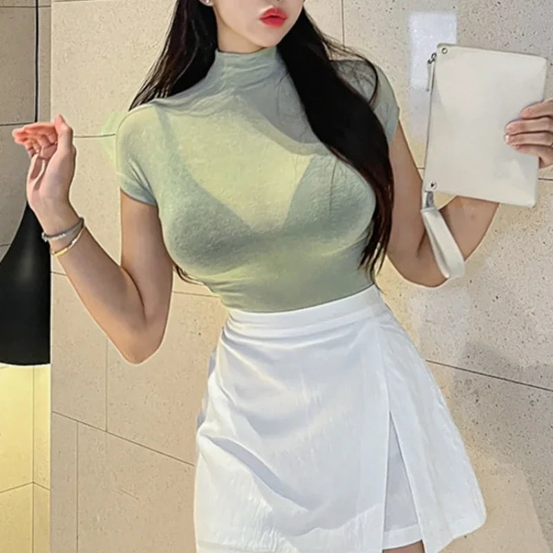 T Shirt Women Basic Casual summer T-Shirt O Neck Woman Clothes Sexy low chest see through soft Slim Tops Tee Shirt Femme 2026