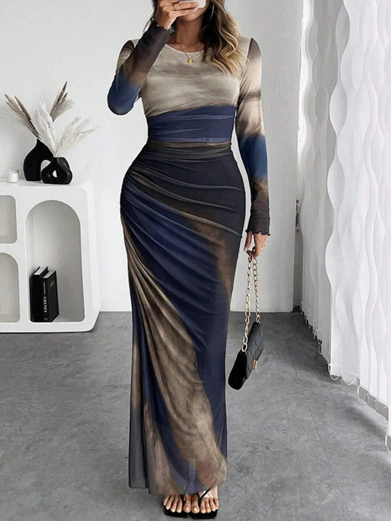 Women's Dresses Autumn French Simple Contrast Color Long Sleeve Round-Neck Maxi Wrap Fashion Dresses Long Dress Tops BQ7W