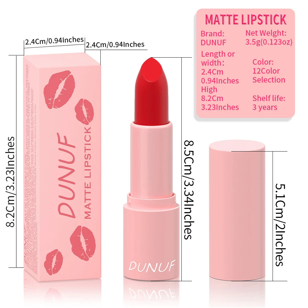 DUNUF 1 Pcs Matte Powder lipstick, Lasting 24 Hours Non-fading Waterproof Non-stick Easy to Color Lip Gloss Makeup Gift