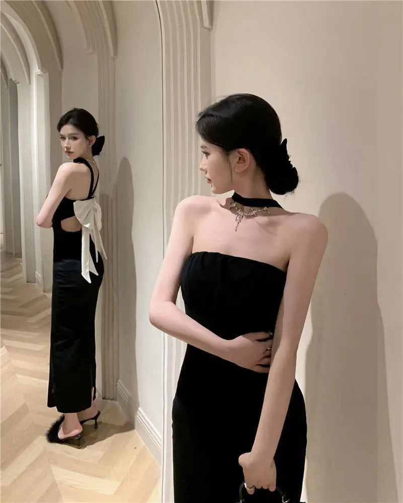 Birthday Dress For Women Vestidos De Mujer Summer French Backless One Shoulder Women's Spring Black Bow Sleeveless