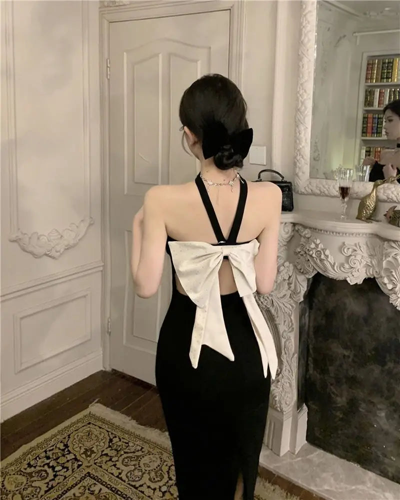 Birthday Dress For Women Vestidos De Mujer Summer French Backless One Shoulder Women's Spring Black Bow Sleeveless