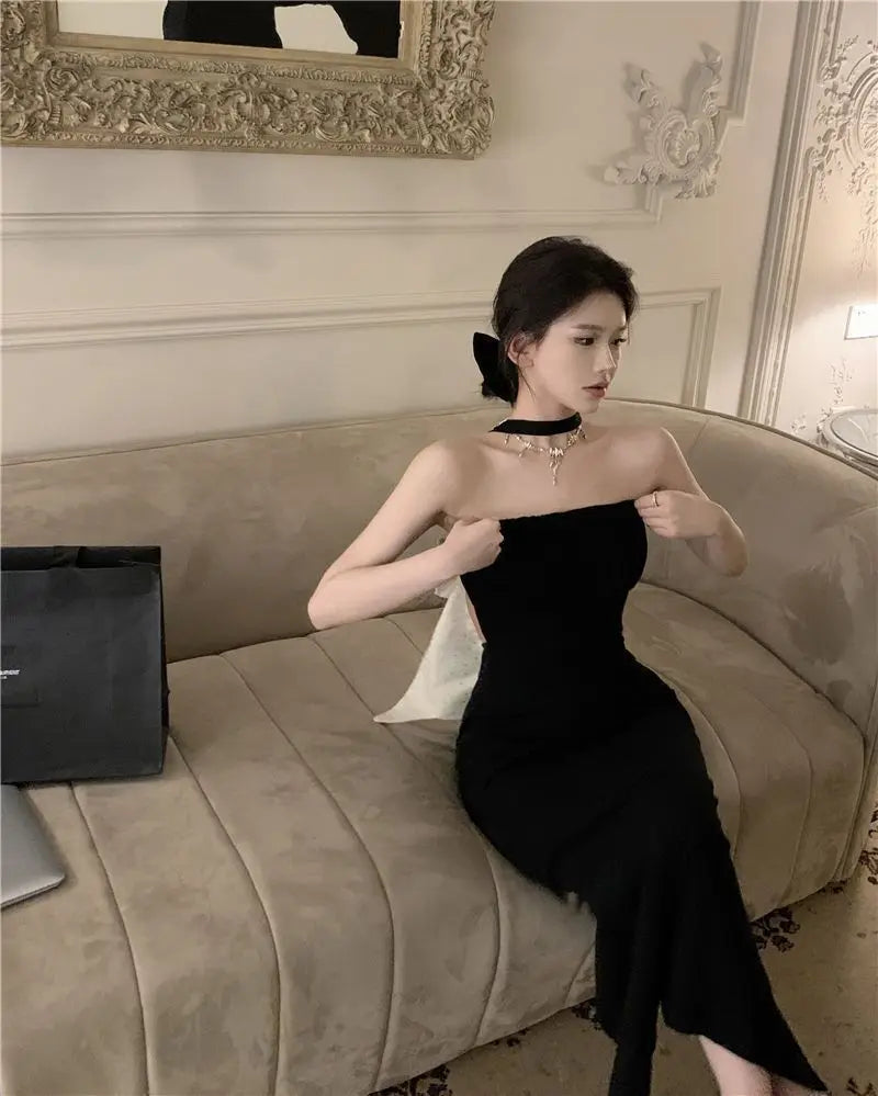 Birthday Dress For Women Vestidos De Mujer Summer French Backless One Shoulder Women's Spring Black Bow Sleeveless