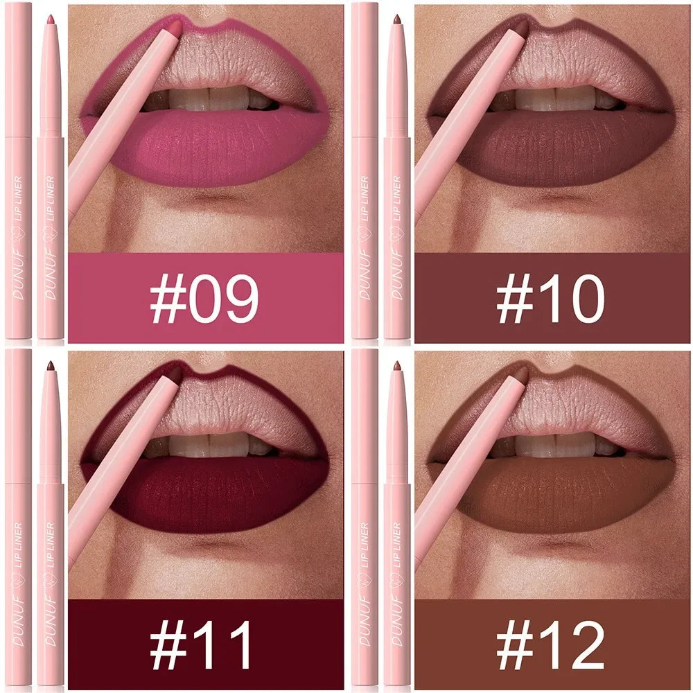 DUNUF 12 Color Velvet Matte Lipliner Pencil Waterproof Non-stick Cup Lipstick Nude Pink Lip Liner Outline Lips Contour Makeup