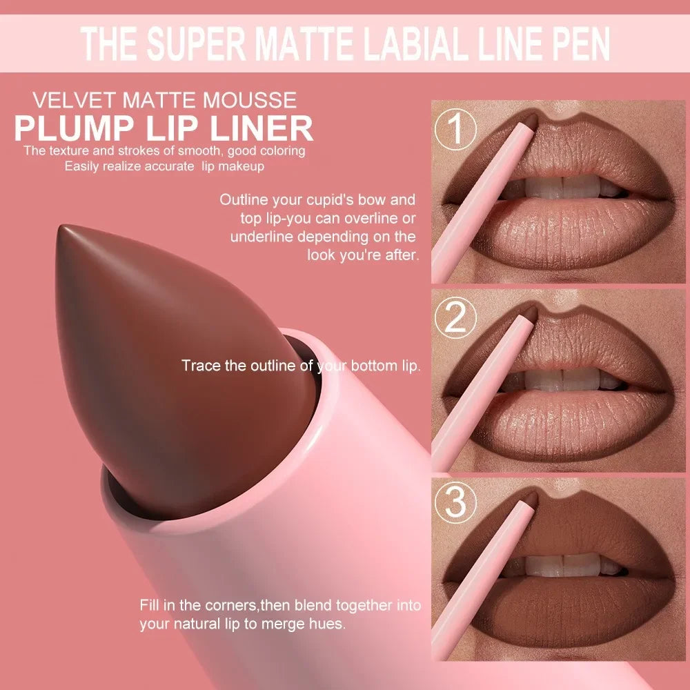 DUNUF 12 Color Velvet Matte Lipliner Pencil Waterproof Non-stick Cup Lipstick Nude Pink Lip Liner Outline Lips Contour Makeup
