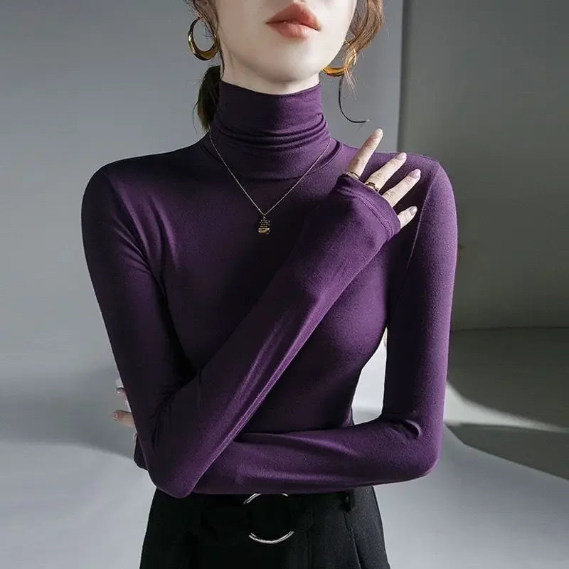 Woman T-shirt Turtleneck Skinny Clothing 2025 Black Top for Women Purple Tshirt Grunge Tee Aesthetic Simple Cheap Stylish 2000s