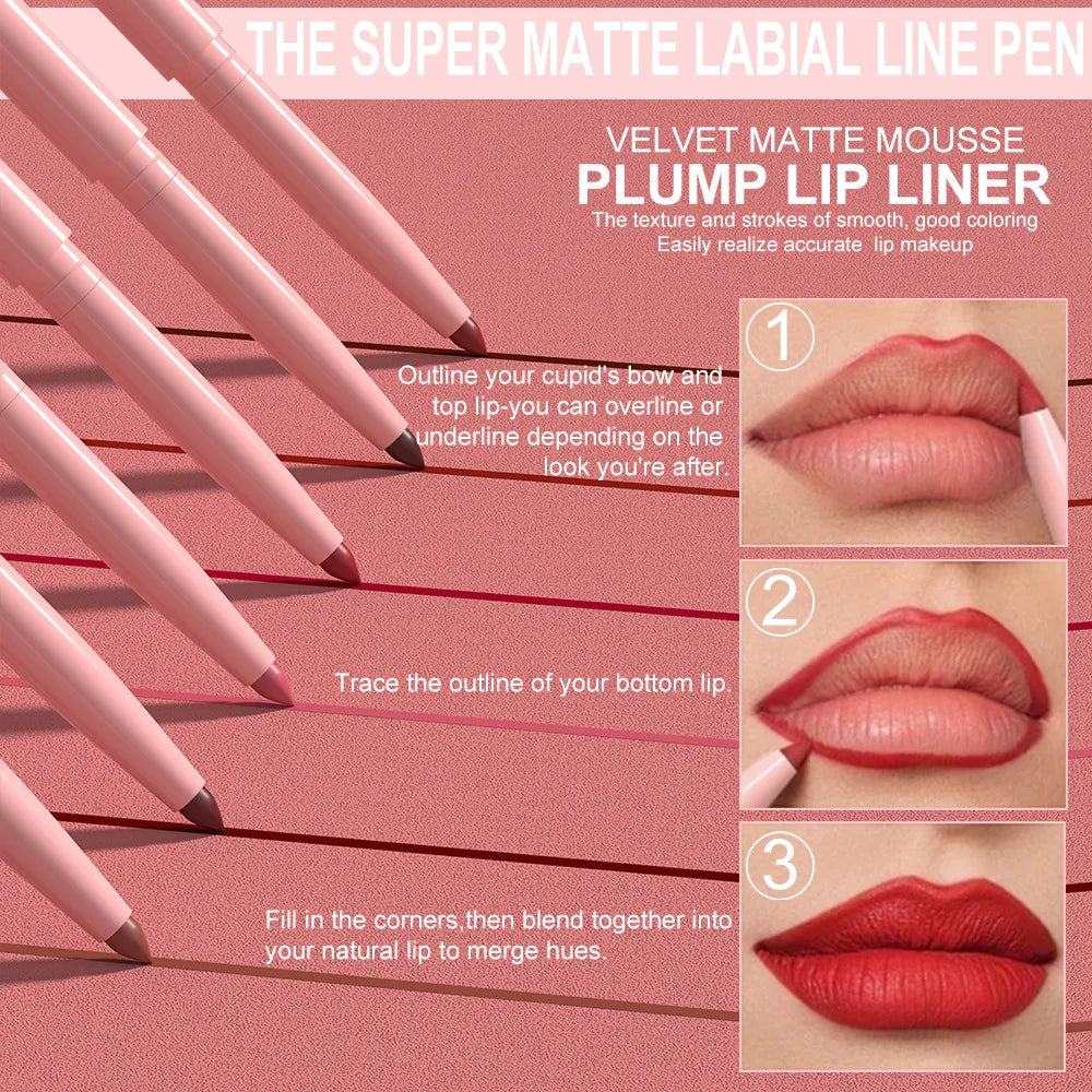 DUNUF New 6 Color Lipstick Lip Liner Set Velvet Matte Lip Pencil Waterproof Natural Outline Lip Contour Line Makeup Lipliner Pen